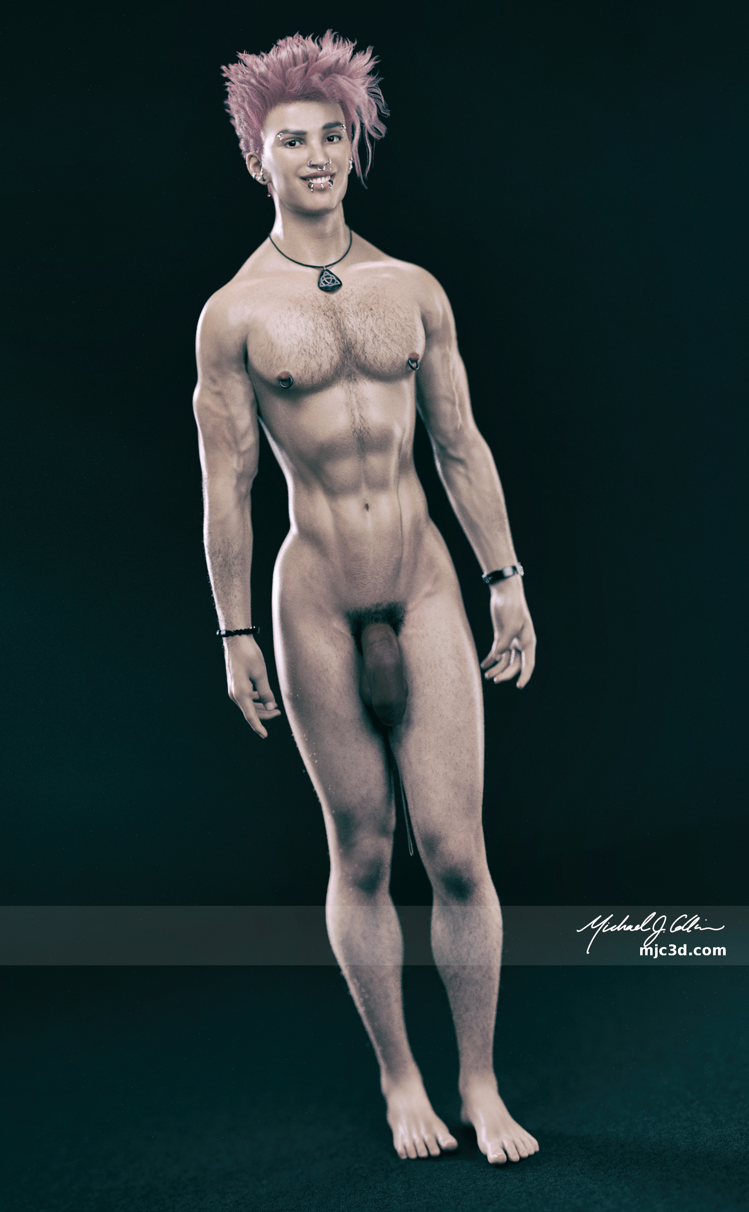 3D digital artwork of a well-built, muscular, nude man with pink spiked-hair sporting a very large, dark, and thick uncircumcised penis that is hanging down from a neatly cropped tuft of hair, and has several face and body piercings, a hairy chest, smooth abs and torso, and hairy arms and legs. He is standing with his arms to his side in a studio against a dark floor and background and is smiling broadly.