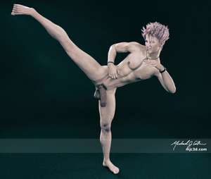 3D digital artwork of a well-built, muscular, nude man with pink spiked-hair sporting a very large, dark, and thick uncircumcised penis and testicles that are hanging down from a neatly cropped tuft of hair, and has several face and body piercings, a hairy chest, smooth abs and torso, and hairy arms and legs. He is standing in a studio on his left leg with his right leg outstretched in a martial-arts type kick in front of a dark floor and background and is smiling broadly.