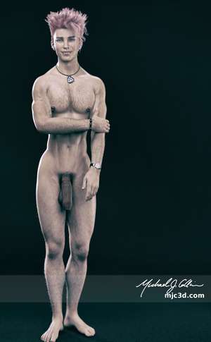 3D digital artwork of a well-built, muscular, nude man with pink spiked-hair sporting a very large, dark, and thick uncircumcised penis hanging down from a neatly cropped tuft of hair, and has several face and body piercings, a hairy chest, smooth abs and torso, and hairy arms and legs. He is standing in a studio with his right arm across his chest grasping his left bicep in front of a dark floor and background and is smiling broadly.