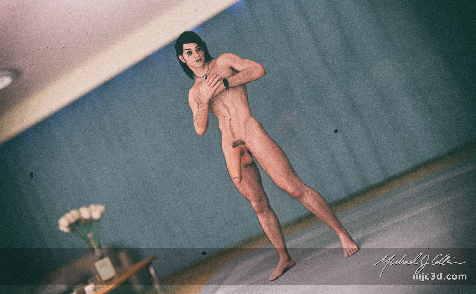 3D digital artwork of a lean and muscular nude, goth male; with black hair, black eyeshadow, and mascara that is running; hairy arms, chest, torso, and legs. He is standing in the center of a room in front of pale blue floor to ceiling drapery. His long, thick, semi-erect penis is outstretched in front of his large, hanging balls.