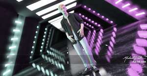 Computer generated 3D artwork of a young, svelte man wearing an unbuttoned and open black denim shirt with rolled-up sleeves, jeans, and sneakers; standing in a futuristic room being illuminated by cyan and magenta lights. He has blond hair with light curls, and a smooth hairless body. Upon closer inspection we observe that the man is in fact an android as evidenced by his mechanical eyes and unusual features in his hands, neck, and torso.