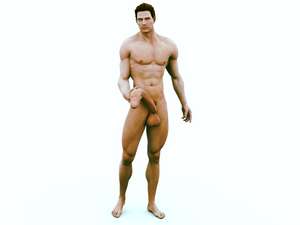 3D art of a nude muscular man standing in a white environment holding an exceptionally large penis in his right hand.
