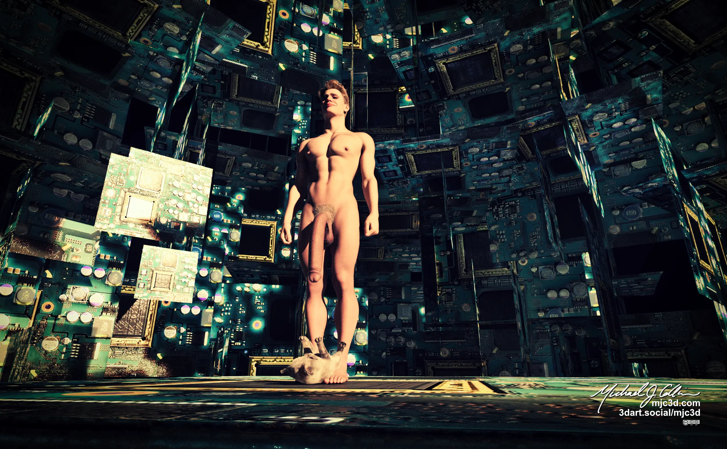 3D rendered image of a young, well-built, nude man, with an exceptionally long penis, standing on a platform in a cyberpunk/ futuristic technological room. There is a kitten laying across the man's feet with its paws stretched upwards reaching for the man's dangling penis. The man has a shit-eating grin on his face.