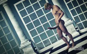 3D render of a tall, muscular young man, with blond hair, standing in a studio, staring at his erect, monster cock.