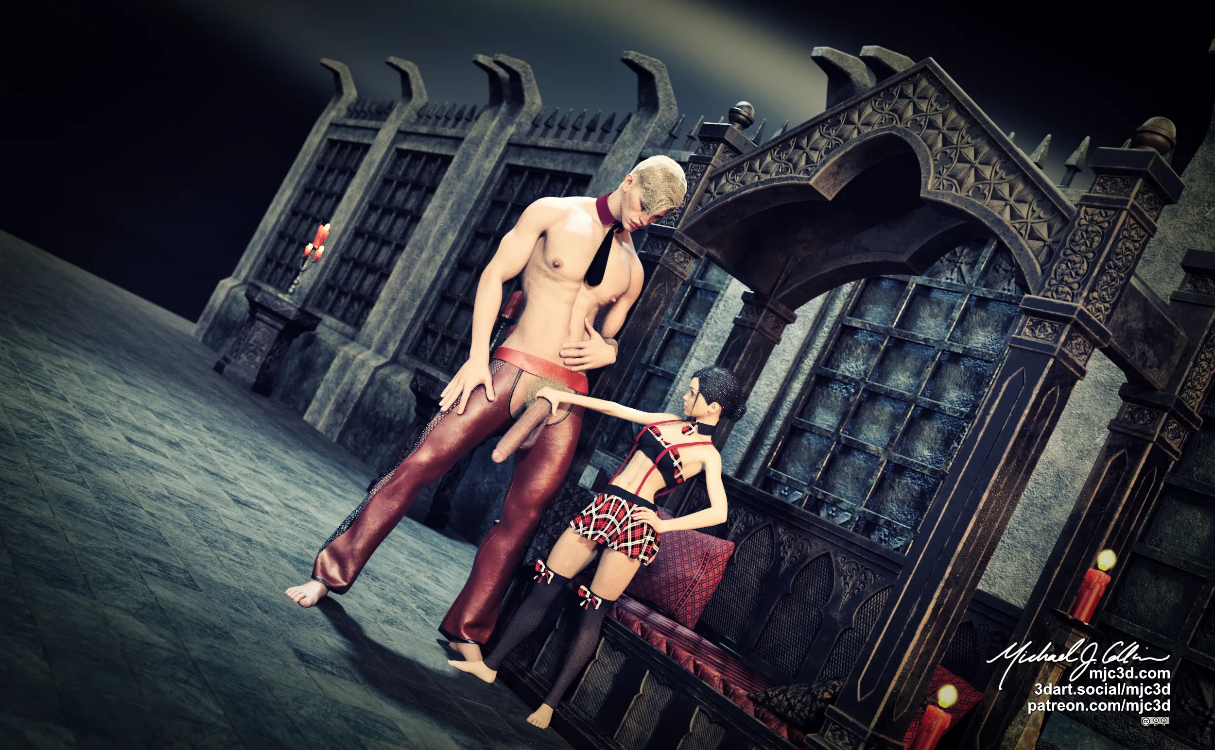 A tall, slender, well-built man, with blonde hair is standing in a studio in front of dark gothic furniture and walls. Severaĺ red, lit candles illuminate the scene. He is wearing a red collar and black tie but there is no shirt. He is also wearing red leather chaps and has his right hand on his thigh and left hand on his lower abdomen. A short, petite, young woman wearing a red & black gothic collar, top, suspenders, and skirt is standing slightly askew to him. Her right hand is outstretched and she is gripping the base of his rather long and thick shaft that is hanging beneath a thick tuft of blonde pubic hair.
