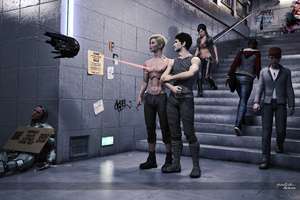 This is a futuristic sci-fi 3D image featuring two men standing at the foot of some underground stairs. One of the men is Ethan Hall, an AI 'android', and his partner, Patrick (Hall). A young athletic woman walks down the stairs. An black woman wearing a jacket and jeans walks up the stairs. A young man wearing a vest over a white t-shirt and jeans walks down the stairs. There is a homeless and disabled cyborg veteran leaning up against the wall with a sign that reads 'Disabled Cyber Veteran Please Help'. A drone is hovering just in-front of Ethan with a laser scanning beam protruding from its front scanning tattoo-like marking on Ethan's&nbsp;right chest: 'Ethan Hall / AI Registration / H122418729063 / Avatar Mfg Date / 1980-05-18 / Restrictions: *NONE*'.