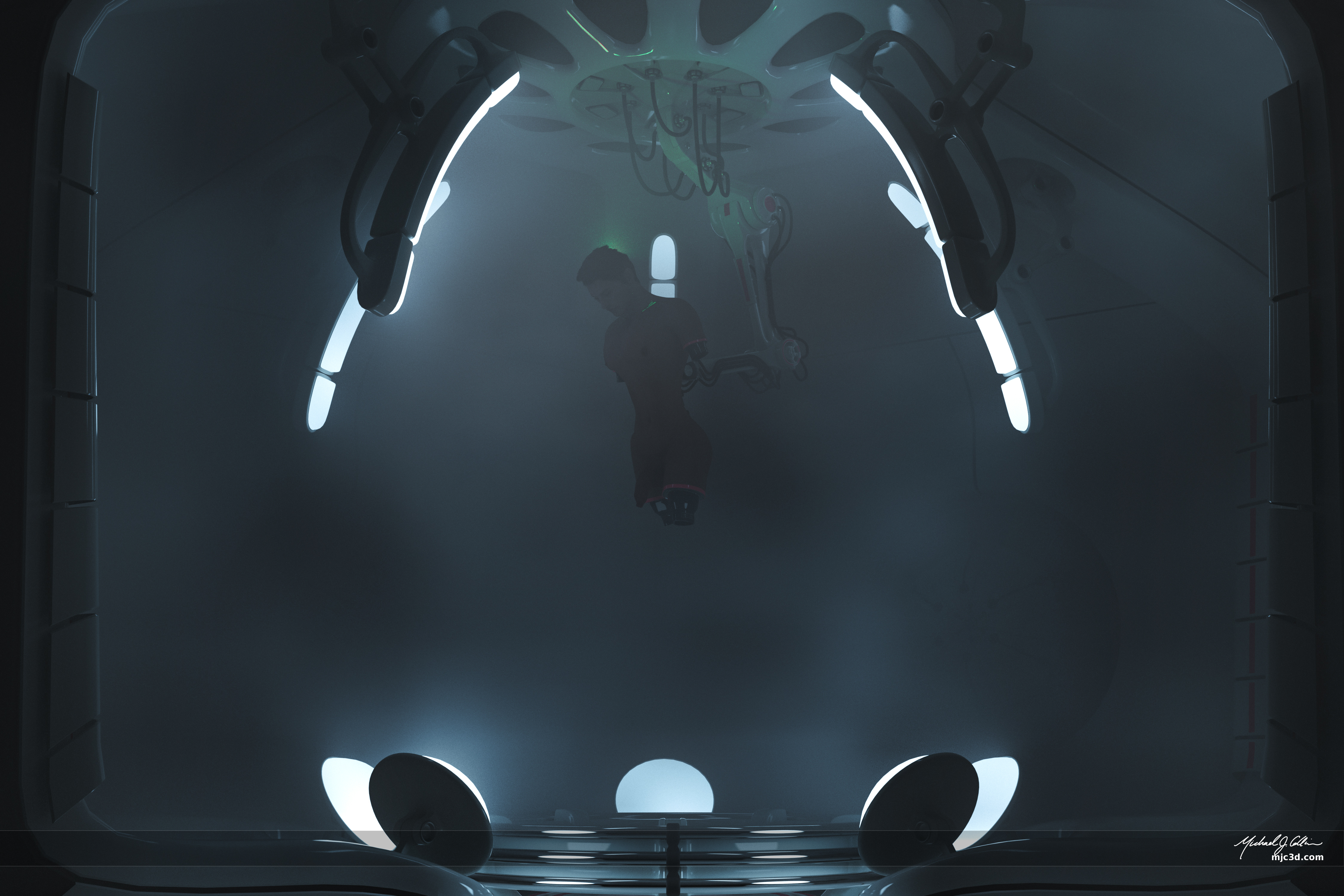 3D digital artwork featuring nude and dismembered android inside a dimly-lit vessel suspended in the air by an apparatus attached to his spine. An eerie blue-green glow emanates the back of his skull casting a light upon the ceiling and arms of the apparatus.