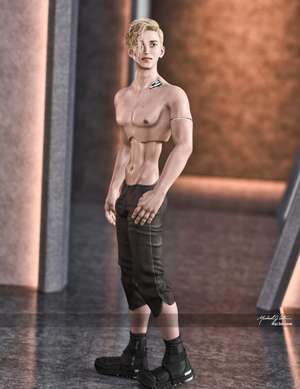 3D digital artwork featuring a shirtless slim young male android. He is standing slightly askew and looking up and past the camera. Most of his face is visible with wisps of long blonde hair covering his right eye and cheek. His robotic joints and exposed circuitry in his left clavicle are quite prominent. So is the bulge in his form-fitting pants whose legs stop mid-calf. He's wearing black high-top sneakers and black socks.