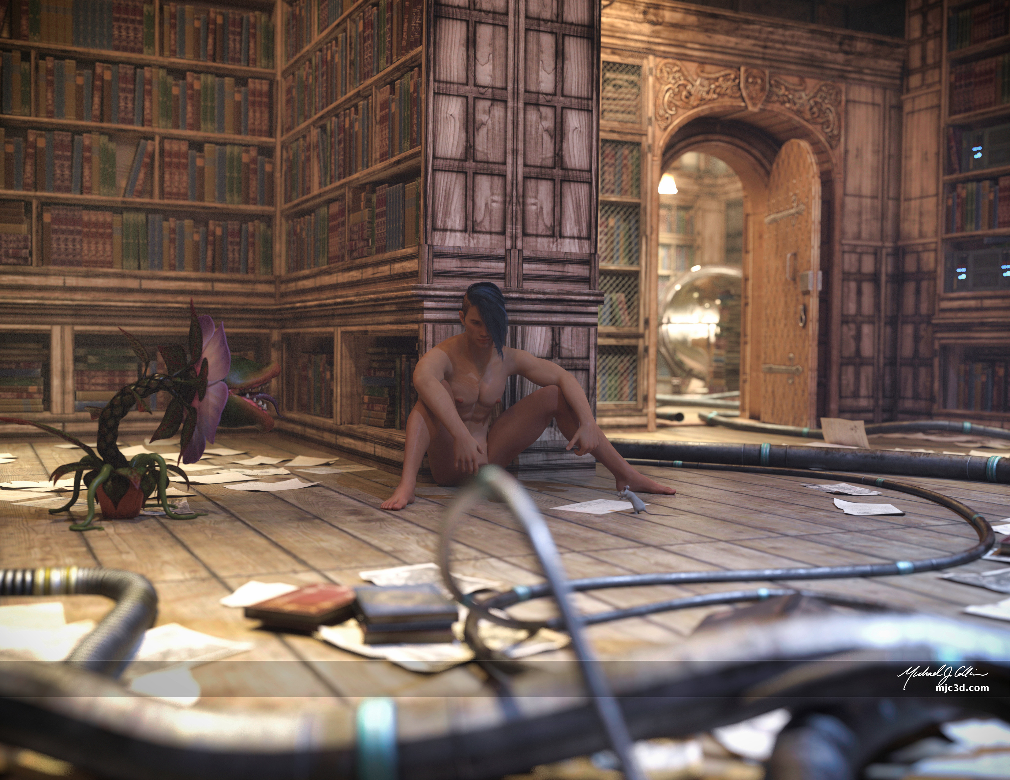 We see a naked, muscular, European man with dark hair and long bangs draped over half of his face, sitting on the floor with his legs spread and his outstretched arms resting on his knees. The room he is in appears to be a rather old library. Thick cables are strewn about. The walls are filled with books and there is a strange metal orb in a room off to the side and rear. A large carnivorous plant, similar to a Venus Flytrap  is positioned off to his right and appears to be staring at him with its mouth open.